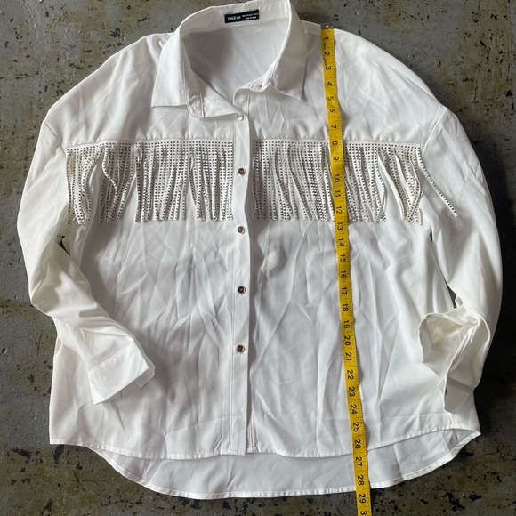 SHEIN Fringe and Rhinestone Long Sleeve Button Down White Top Size Large - Picture 5 of 10